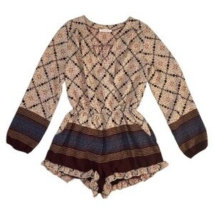 Honey Belle Boho Long Sleeve Romper Women's Small Ruffle Hem Drawstring Waist